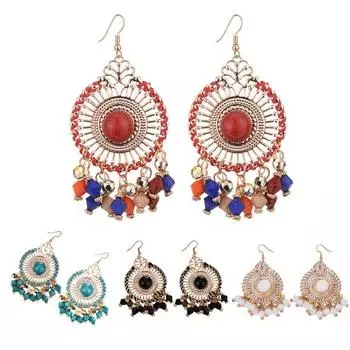 Богемные женские ретро-бусины с кисточками, круглые висячие серьги-крючки, ювелирные изделия разноцветный