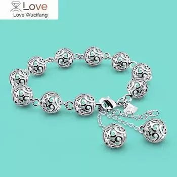 Богемные женские серебряные украшения, браслет из стерлингового серебра 925 пробы, браслет с шариками и полым узором, однотонная серебряная цепочка, подарок на День святого Валентина