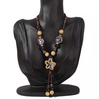 Богемный этнический стиль бусины керамическое ожерелье регулируемая длина ожерелье в китайском стиле чёрный