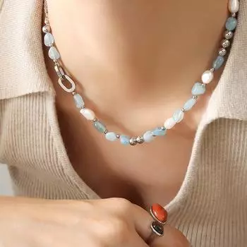 Богемный этнический стиль, легкая роскошь, модное сочетание, пресноводный жемчуг, голубая цепочка из натурального камня, персонализированное ожерелье, ювелирные изделия