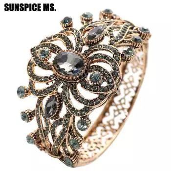 Браслет турецкий манжет золотого цвета с серыми камнями винтажное украшение синий