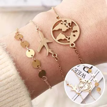 Богемный браслет с изображением самолета, набор из 3 предметов для женщин, многослойный золотой браслет-цепочка One Size