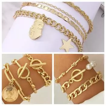 Богемный браслет, темпераментный жемчужный кулон, элегантный геометрический дизайн, браслет для вечеринки в ночном клубе, подходит для женщин, модный комплект ювелирных браслетов 15439 золотой