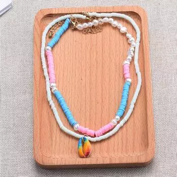 Богемный цветной мягкий керамический жемчуг рисовые бусины шея цепочка с подвеской в виде двойной ракушки ожерелье