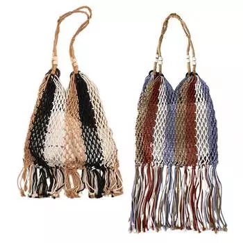 Богемный кисточка ажурные женские сумки на ремне красочные веревочные плетеные женские сумки полые летние пляжные сумки большие сумки-шопперы чёрный