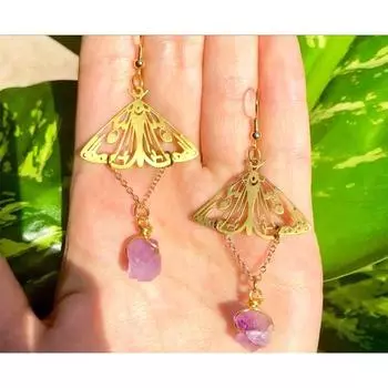 Богемный кулон, золотые серьги с аметистом и кисточкой в виде бабочки с полым узором на длинной цепочке
