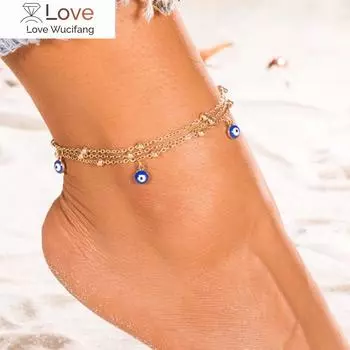 Богемный многослойный браслет на щиколотку из бусин для женщин, цепочка на ногу, синяя подвеска от сглаза, летние пляжные украшения для ног