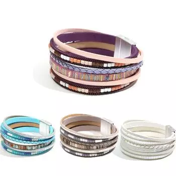 Богемный многослойный плетеный кожаный браслет для женщин, винтажная цепочка-манжета, этнические украшения