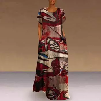 Богемный национальный стиль женское платье длинное свободное с принтом на талии карман круглый вырез весна лето размеры от S до 5XL S красный