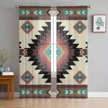 Богемный нейтральный племенной узор с текстурой дерева, тюль, занавески для гостиной, спальни, отеля, роскошные украшения, прозрачные занавески 135W x 114H(cm)
