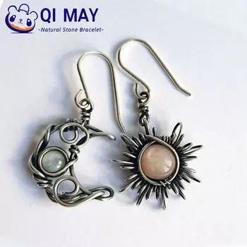 Богемный опал Солнце и Луна Серьги-подвески Лунный камень Натуральный камень Крючок Богемный женский для девочек Асимметричный Ретро Серебряный Небесные украшения