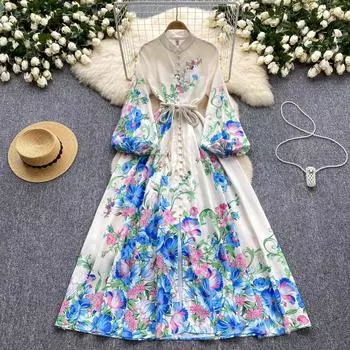 Богемный осенний праздник великолепное цветочное длинное платье ретро женское однобортное с рукавами-фонариками льняное платье макси с поясом-кисточкой S бежевый