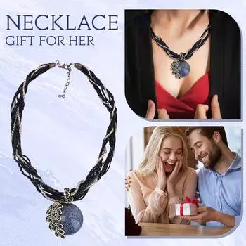 Богемный павлин драгоценный камень темперамент женское ретро рисовое ожерелье цепочка свитер этнический кулон плетеная веревка One Size чёрный