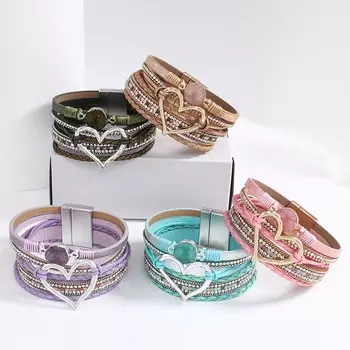 Богемный плетеный кожаный браслет, многослойный полимерный камень, полые браслеты в форме сердца, женский подарок белый