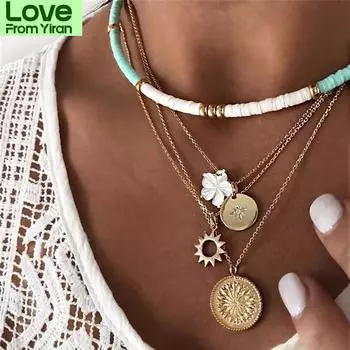 Богемный полимерный колье-чокер золотистого цвета с подвеской в виде цветка солнца, многослойное ожерелье для женщин, ювелирные изделия
