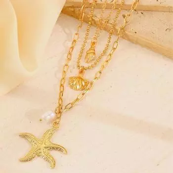 Богемный праздничный стиль, трехслойное ожерелье с подвеской в виде морской звезды и жемчуга для женщин 1 pcs