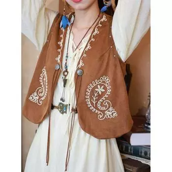 Богемный Ретро Вышивка Жилет Жилет Свободный Приталенный Пляжная Одежда Безрукавка Уличный Нишевый Топ Brown {single vest} One size