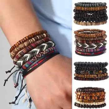Богемный ручной работы браслеты из бисера мужские винтажные многослойные эластичные нити деревянные бусины кокосовая скорлупа штабелируемые аксессуары для рук Men s bracelet.