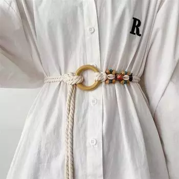 Богемный стиль, бежевый плетеный пояс из пеньковой веревки, женский эстетический пояс-цепочка, аксессуары для отдыха, плетеный ремень с большими бусами, плетеный пояс, повседневный ремень One Size чёрный