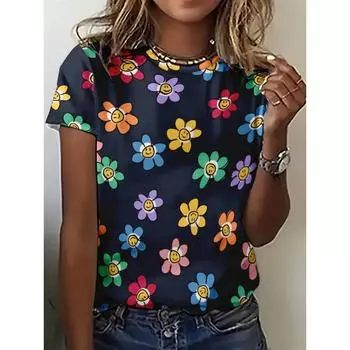 Богемный стиль Красочные цветы Женские футболки Новые летние пляжные повседневные топы для вечеринок Футболки для девочек Милая футболка с коротким рукавом для леди 2XS