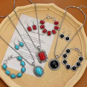 Богемный винтажный стиль, бирюзовое ожерелье, круглое ожерелье с бриллиантами, браслет, серьги, комплект ювелирных изделий