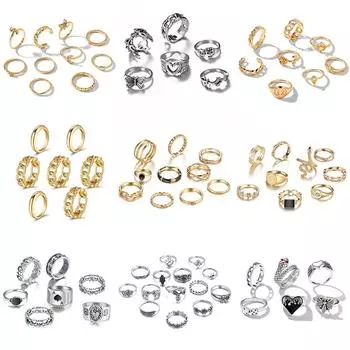 Богемный винтажный золотой геометрический квадратный круглый комплект колец для женщин, кольца с черным камнем, серебряный цвет, кольцо со змеиной цепочкой, ювелирные изделия Style 1