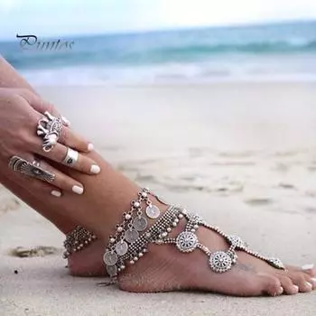 Богемный женский ножной браслет в винтажном этническом стиле с полым узором, круглый металлический шарм, регулируемый гипоаллергенный пляжный браслет для ног, браслет на щиколотке, украшения для ног серебряный