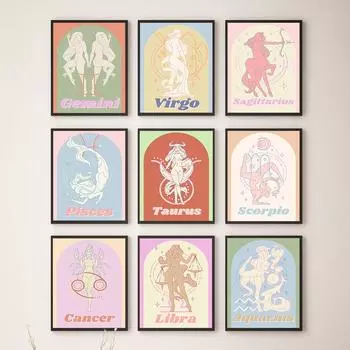 Богемный зодиакальный печатный холст, забавная астрология, Весы, Дева, Рыбы, Лев, постер, изображение для спальни, ретро 21cm30cm NoFrame