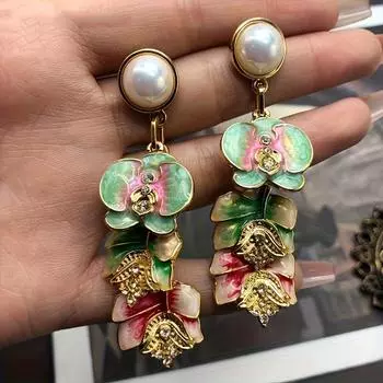 Богемские эмалевые цветочные блестящие серьги с инкрустацией стразами, элегантные нежные женские праздничные серьги в стиле ретро зелёный