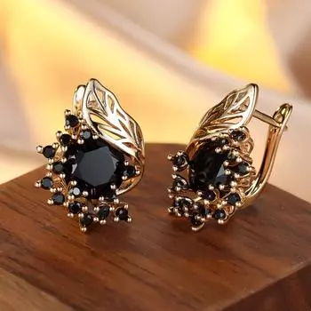 Богемские серьги-кольца с черным цирконием в виде листьев и цветов для женщин, роскошные золотые свадебные украшения золотой/чёрный