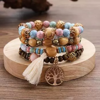 Богемский деревянный браслет из бусин Браслет на каждый день Древо жизни