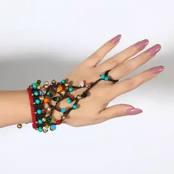 Богемский ретро плетеный браслет, этнический бирюзовый глазурованный браслет с колокольчиком, интегрированное кольцо.