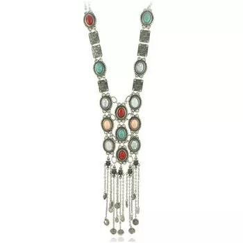 Богемское бирюзовое ожерелье женское длинное ретро серебряное преувеличенное цепочка для свитера украшение для выступления в народном танце серебряный