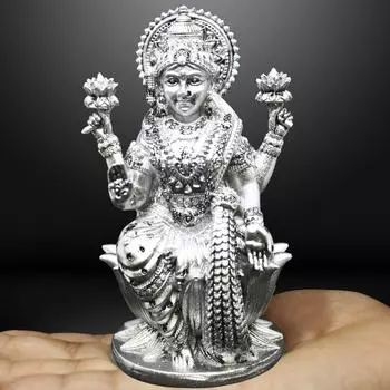 Богиня Лакшми Лакшми Деви МАТА Идол - 4,5 дюйма Материал полистоун Мурти - Цвет - Латунь, Серебро – Идеальная статуэтка для приборной панели автомобиля