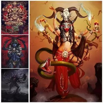 Богиня с шестью руками танцует, настенная живопись на холсте, многорукий плакат с демоном и принты для украшения гостиной без рамки 21*30cm