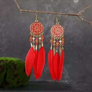 Bohemia Style Feather Tassel Earrings Ethnic Style Boho Drop Earrings Women красный