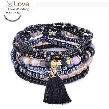 Bohemia Tassel Charm Бусины Браслеты Для Женщин Boho Карамельный Цвет Многослойный Браслет Набор Браслет Ювелирные Изделия Pulseira Feminina 18cm розовый