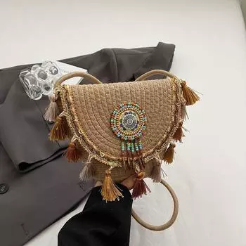 Bohemia Woven Bag Female 2025 New Arrival Summer Seaside Vacation Beach Bag Ethnic Style Cross Body Bucket Bag Khaki
