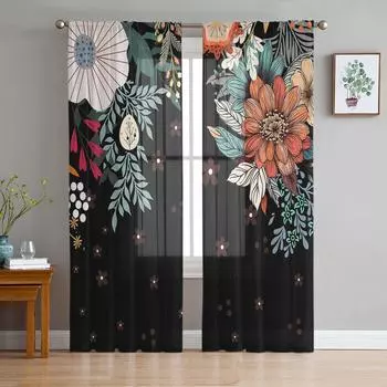 Bohemian Abstract Style Flowers Plants Black Sheer Curtains for Living Room Decor Window Curtains Kitchen Tulle Voile Curtains W135 x H115cm x1