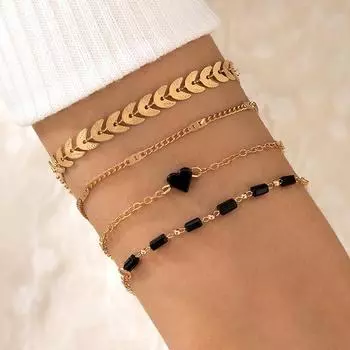 Bohemian Bracelet, Geometric Black Love Plane Chain 4-piece Ins Wind Bracelet for Women