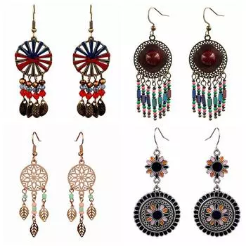 Bohemian Color Dripping Oil Длинные серьги в стиле ретро с бусинами из риса в форме листа, серьги в стиле суда с резными металлическими цветами