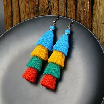 Bohemian color wool fringed earrings women s personality color matching vacation exaggerated temperament long earrings