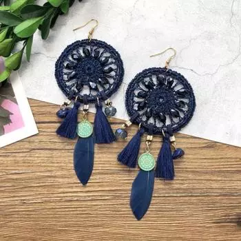 Bohemian crystal dream catcher net element feather earrings women s retro exaggerated temperament long fringed vacation earrings