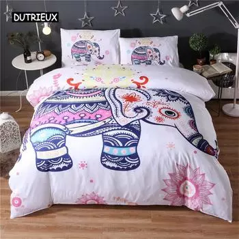 Bohemian Elephant Bedding Set Microfiber Exotic Ethnic Style Wildlife Animals Duvet Cover for Bedroom Decoration Women Men Kids US Queen(228x228cm)