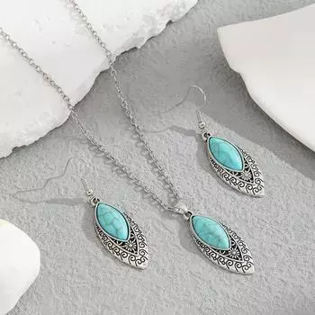 Bohemian Exotic Ethnic Style Earrings Necklace Set Personalized Hollow Inlaid Turquoise Design Clavicle Chain