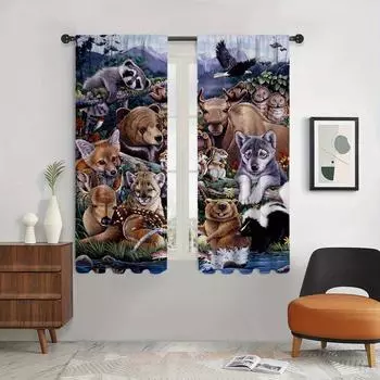 Bohemian Farmhouse Animals Printed Curtain Durable Doorway Drapes with Tie Back for Living Room Machine Washable Vintage Drapes Milled cotton fabric&Grommet Top
