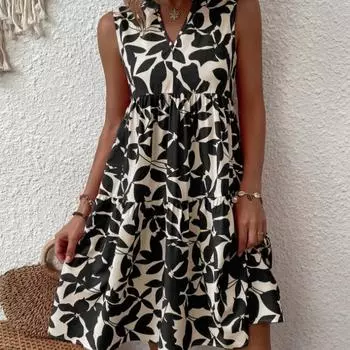 Bohemian Fashion Loose V-neck Pleated Printed Dress for Women S чёрный