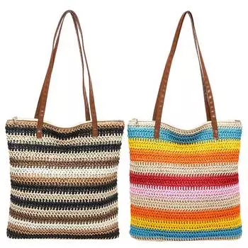 Bohemian Fashion Shoulder Bag Summer Striped Straw Beach Bag Rainbow Hand-Woven Women s Bag Large Capacity Knitting Underarm Bag светло-коричневого