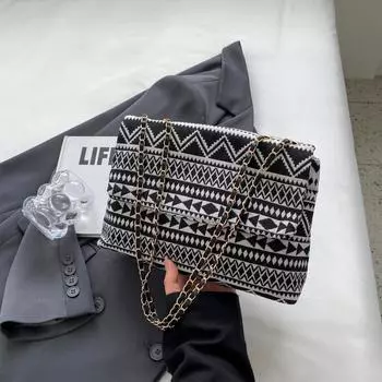 Bohemian Geometric Style Pattern Women Shoulder Chain Cloth Bag For Use Daily