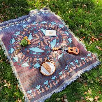Bohemian Geometry Picnic Mat with tasselsThickened Ins Style Outdoor Mat Camping Picnic Cloth Bohemian Carpet 90x150cm